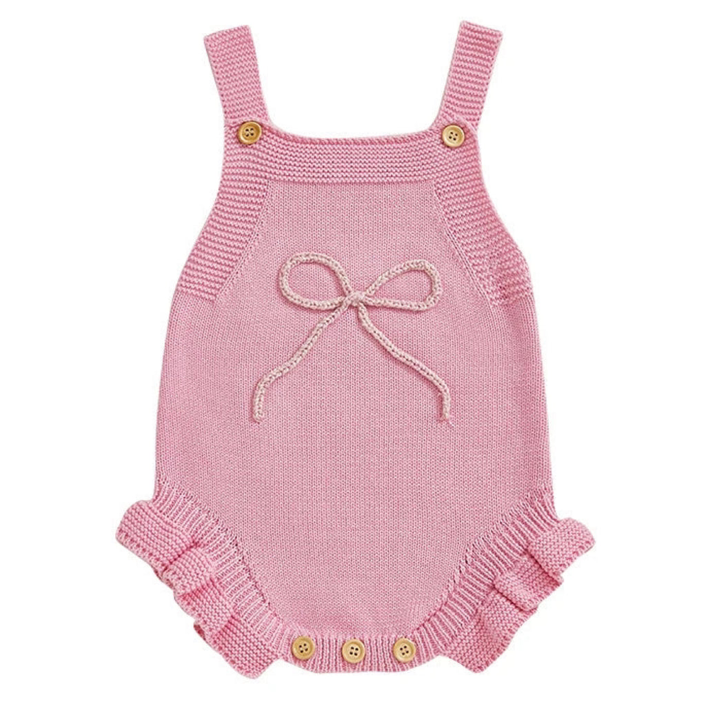 Pink baby girl knit romper with bow and frill leg detail – Little Eedie