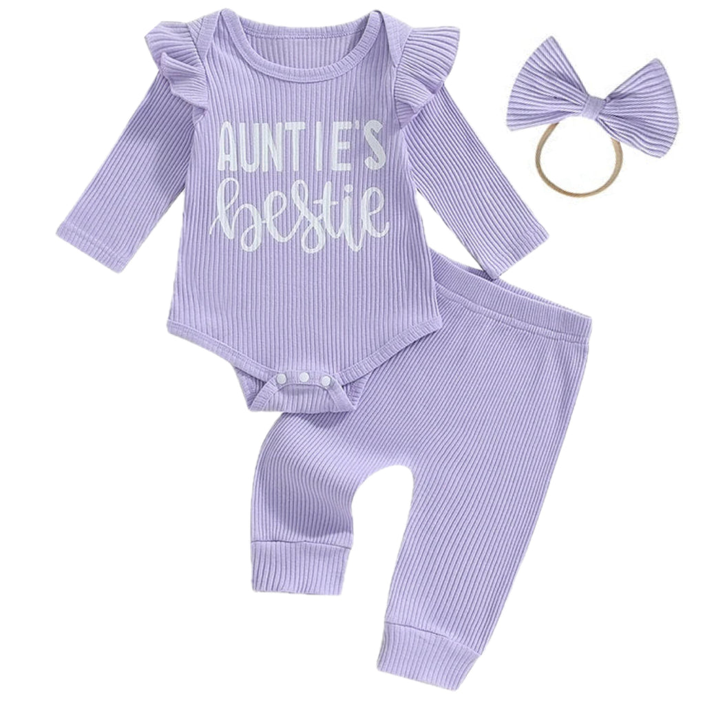 Purple baby girl romper set with Auntie’s Bestie print – long sleeve ribbed outfit by Little Eedie