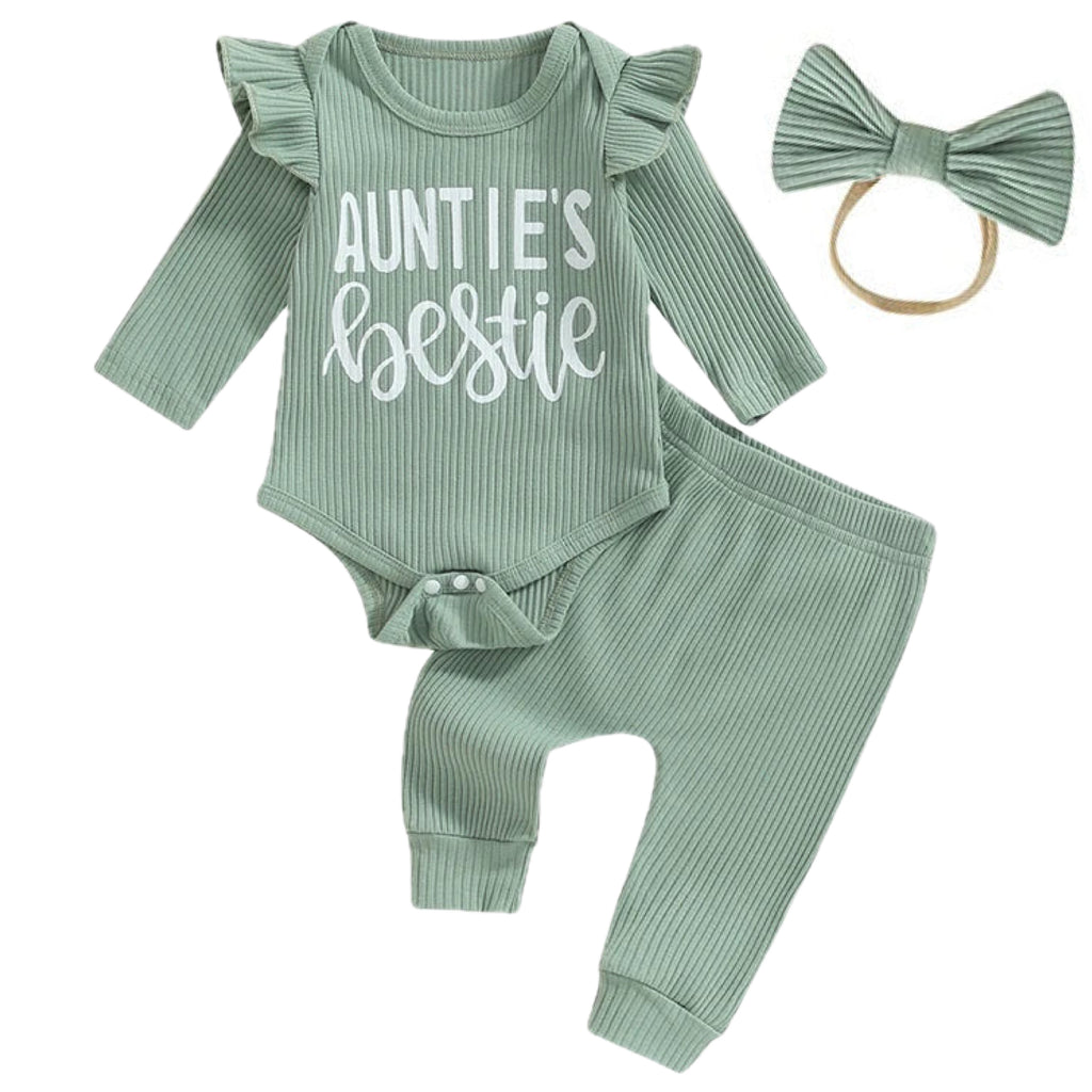 Green ribbed baby girl romper with Auntie’s Bestie print – matching leggings and headband set