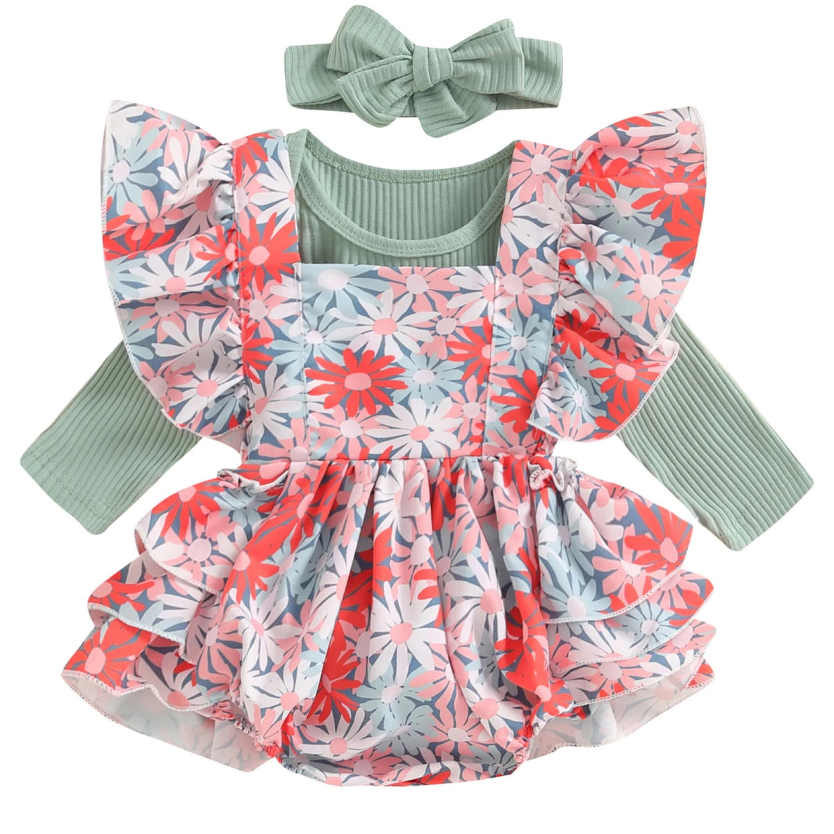 Babyhug 100% Cotton Full Sleeves Romper With Floral Print - Pink & Green