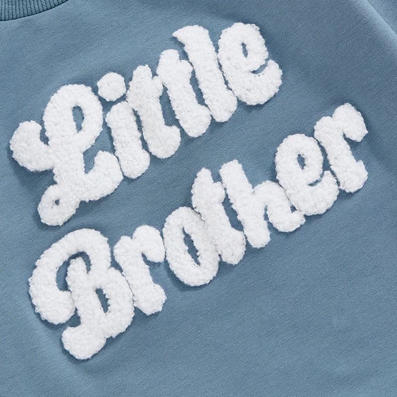 Blue baby romper with “Little Brother” fluffy text – Little Eedie