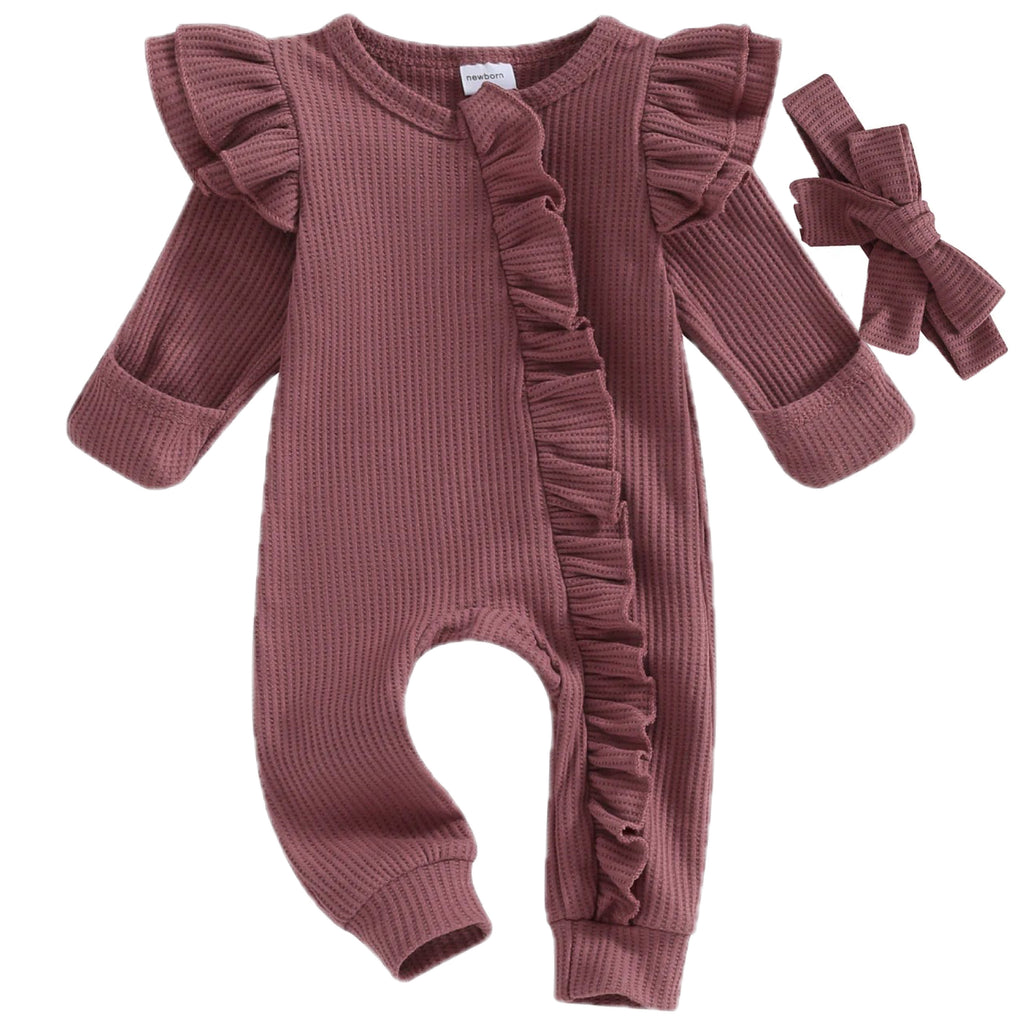 Plum newborn baby onesie with ruffles and front zip 