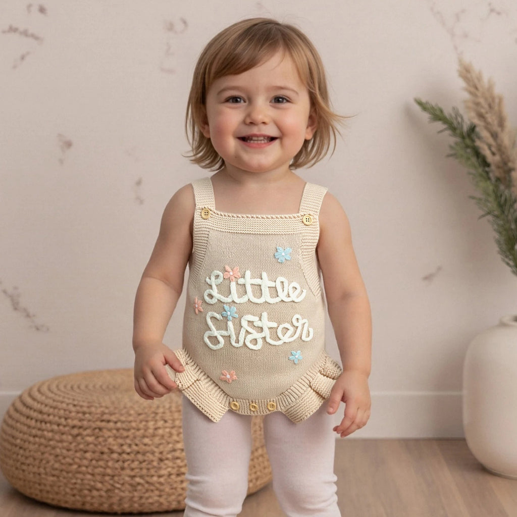Child wearing a 'Little Sister' tank top in a home setting