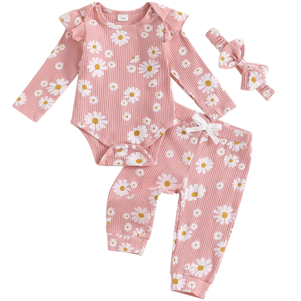 Pink baby girl clothing set with daisy flutter romper, soft leggings and headband – babywear by Little Eedie