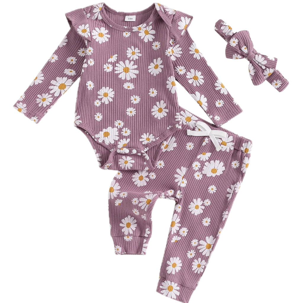 Purple babywear outfit with flutter daisy romper, matching leggings and bow headband – baby girl set by Little Eedie