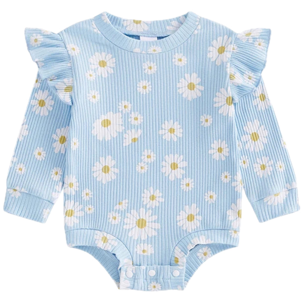 Baby girl romper in blue daisy print long sleeve with ruffles and matching bow – Little Eedie winter outfit