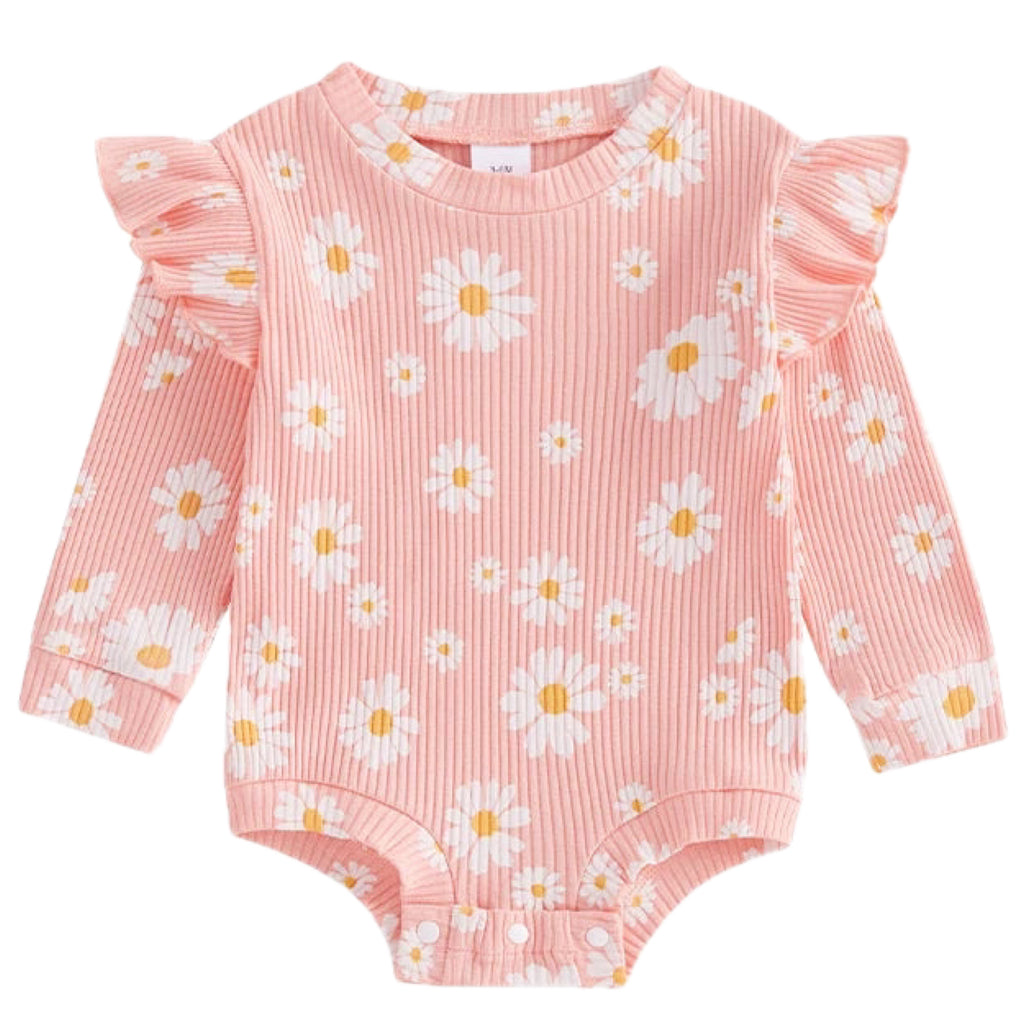 Baby girl romper pink daisy print long sleeve romper with ruffles and bow – Little Eedie witnter outfit