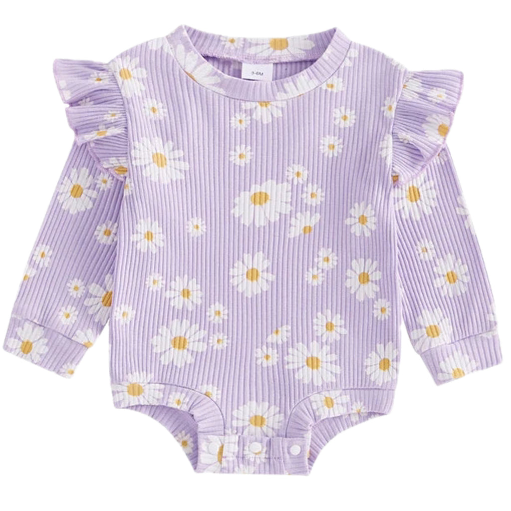 Baby girl romper purple daisy print long sleeve romper with ruffles and matching bow – Little Eedie winter outfit
