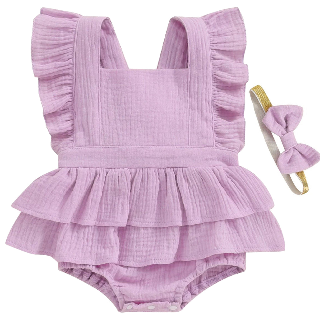 Lilac peplum ruffle baby romper with soft cotton and adjustable tie – summer baby girl outfit – Little Eedie

