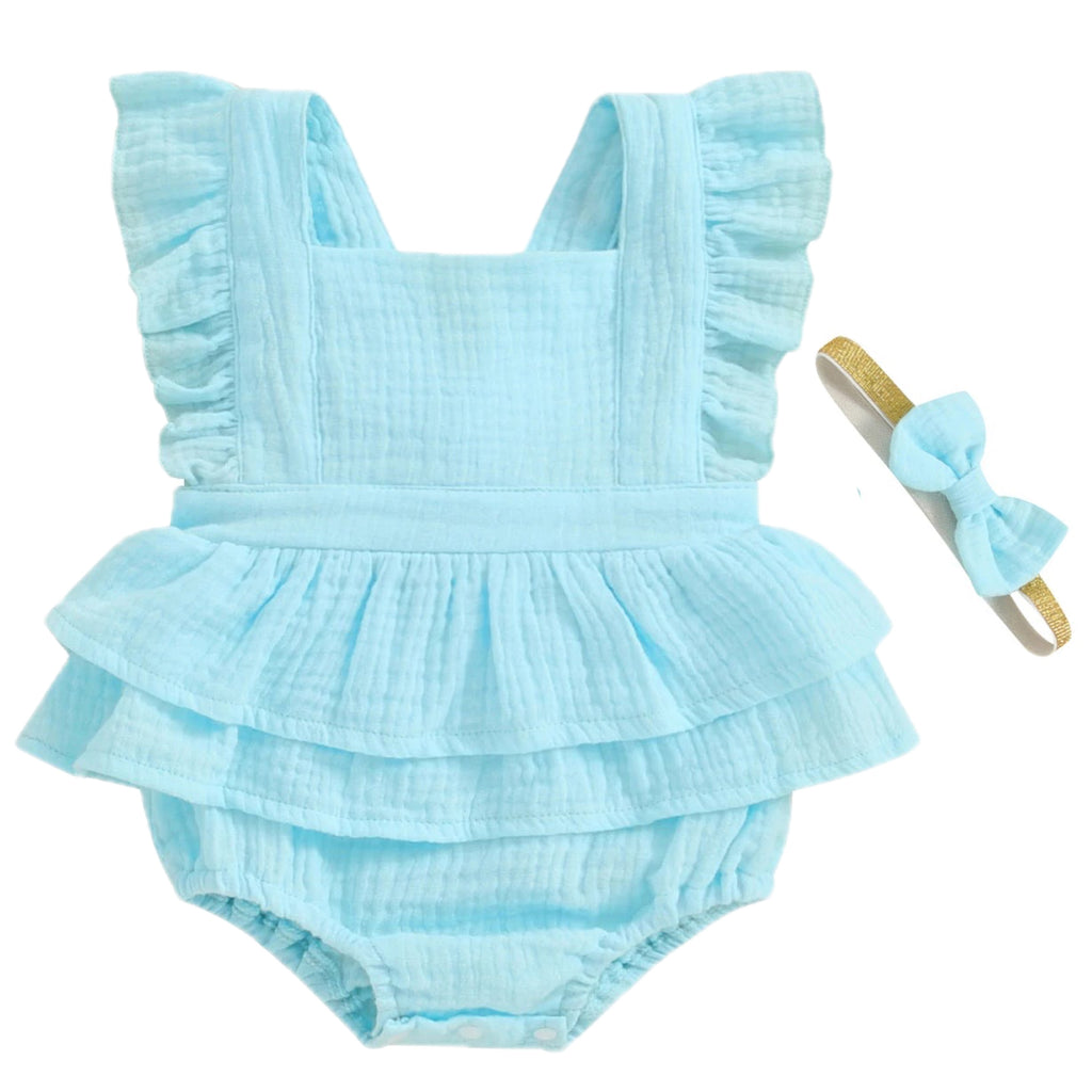 Baby girl blue cotton romper with peplum ruffles and tie-up back – soft summer outfit from Little Eedie

