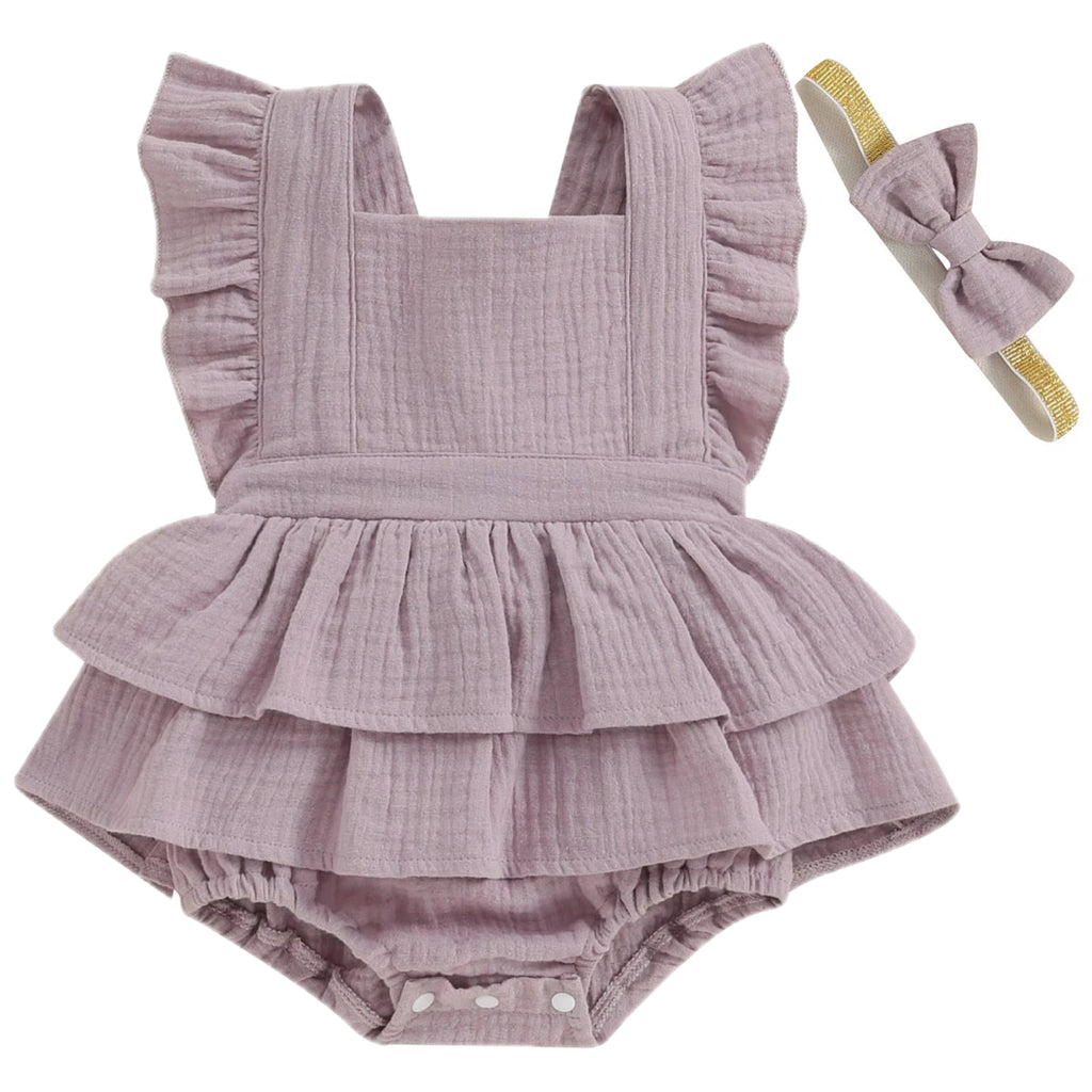 Purple baby girl romper with peplum ruffles and adjustable tie back – playful cotton outfit – Little Eedie