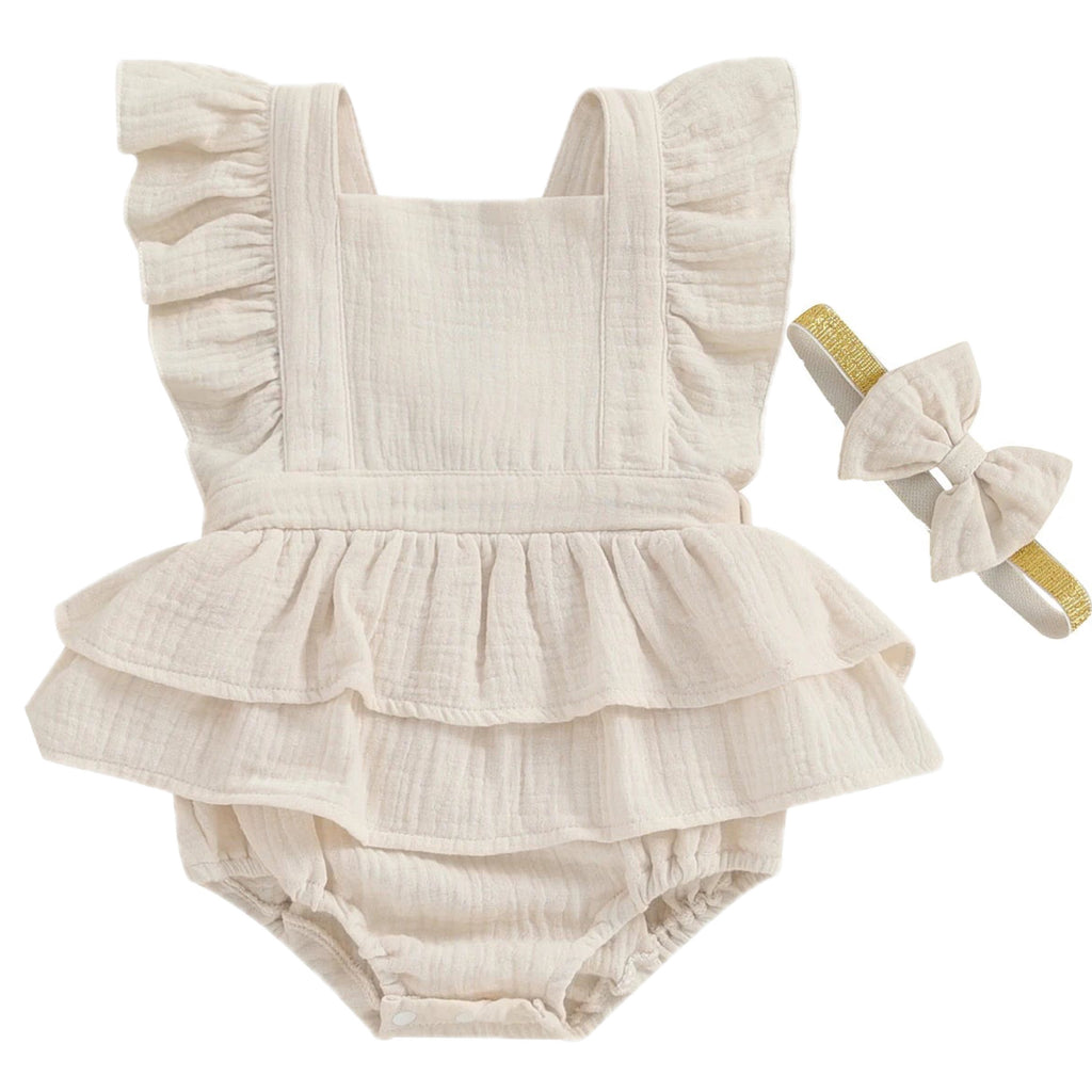Baby girl cream romper with peplum ruffles and tie-back – soft breathable cotton outfit – Little Eedie

