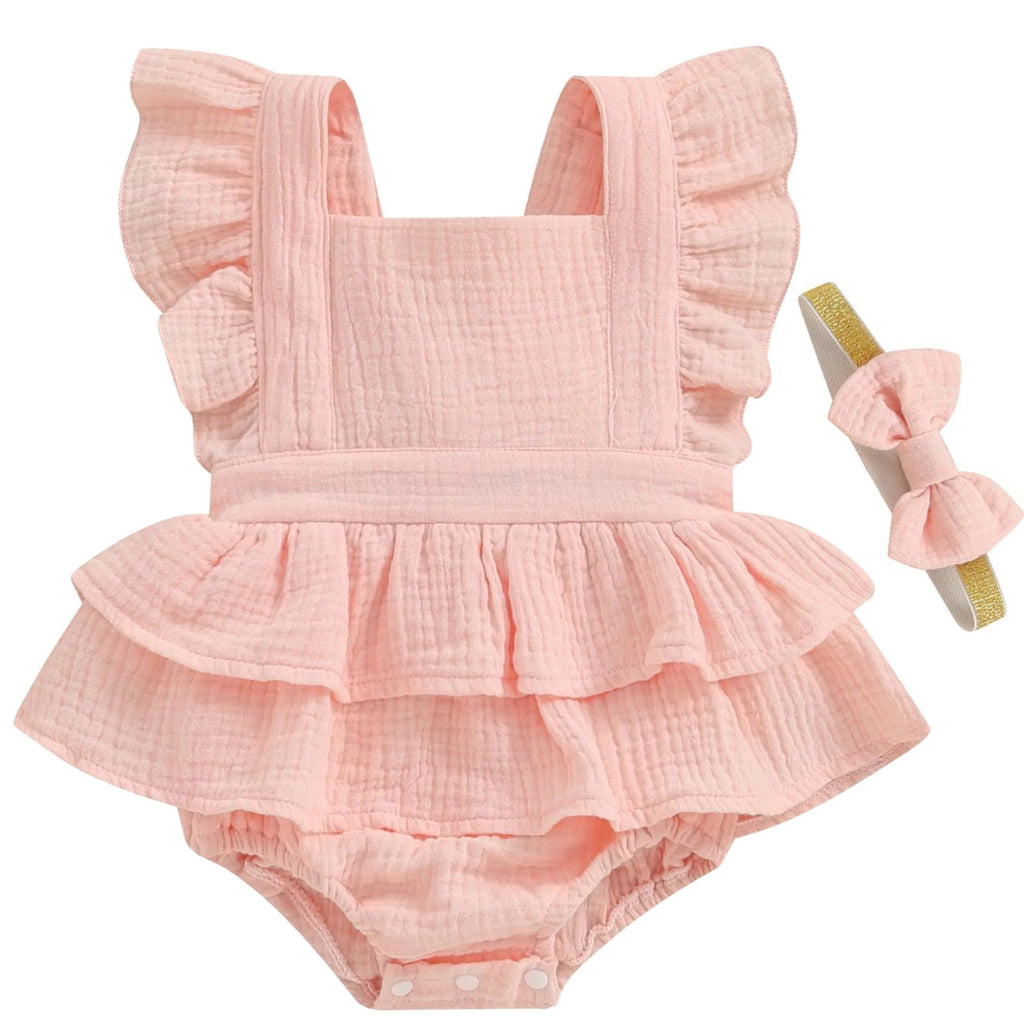 Pink baby girl romper with flutter ruffles and tie back – cotton summer outfit – Little Eedie

