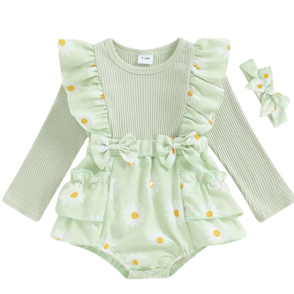 Green daisy outfit with floral ruffles and flutter sleeves