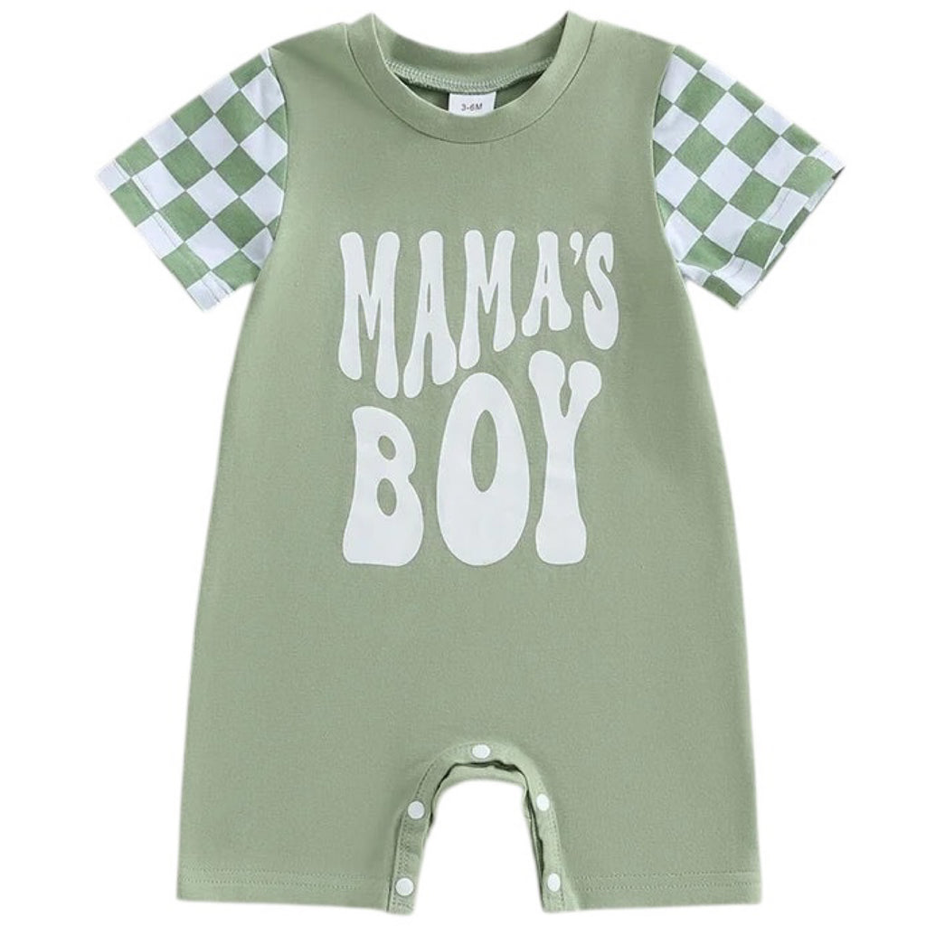 Baby boy green long leg romper with checked sleeves and Mama’s Boy print – Little Eedie