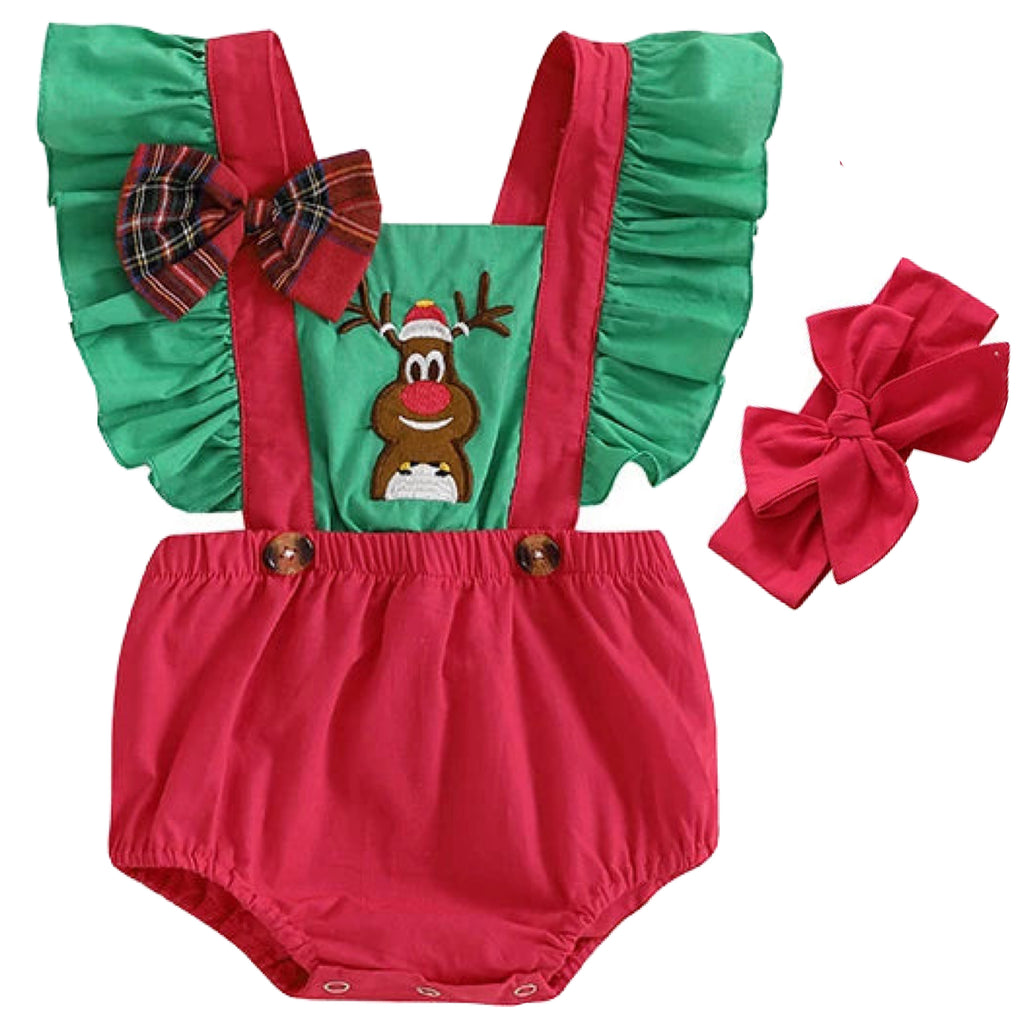 Baby Girl Christmas romper with green flutter sleeves and red bow