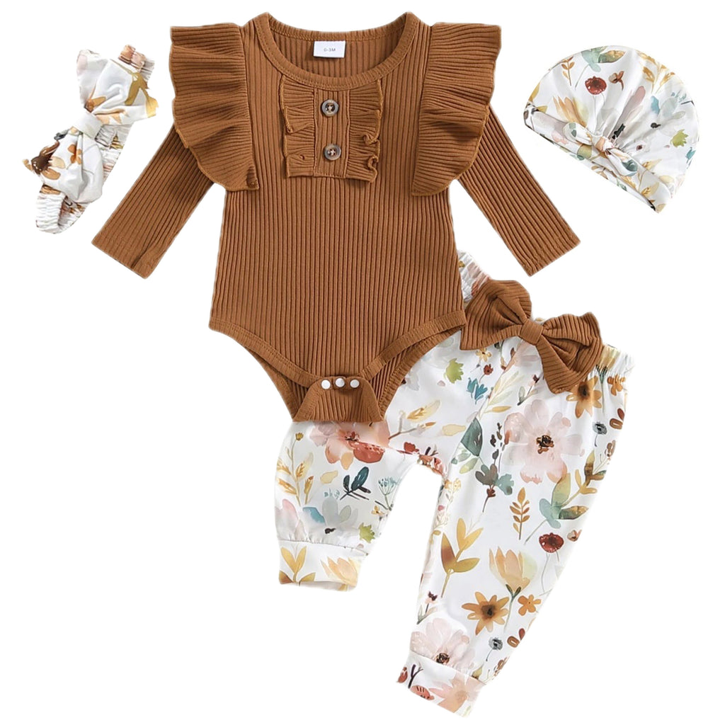 Brown baby romper outfit set with flutter sleeves, harem pants, bow headband and turban – soft neutral babywear – Little Eedie