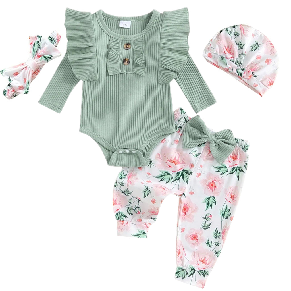 Green baby girl set with ribbed cotton romper, harem pants, bow headband and turban – cute baby outfit – Little Eedie