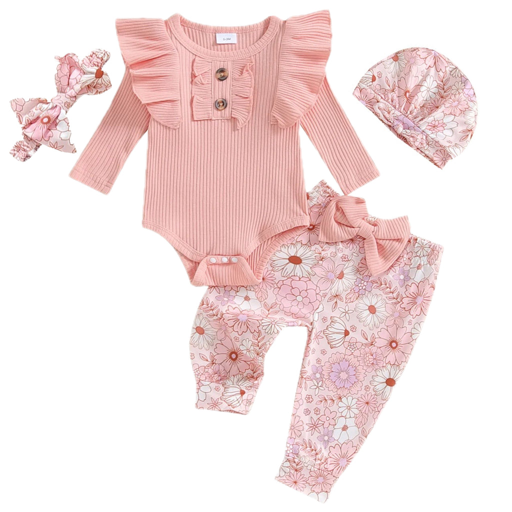 Pink baby girl outfit set with ribbed romper, flutter sleeves, harem pants, bow headband and turban – Little Eedie