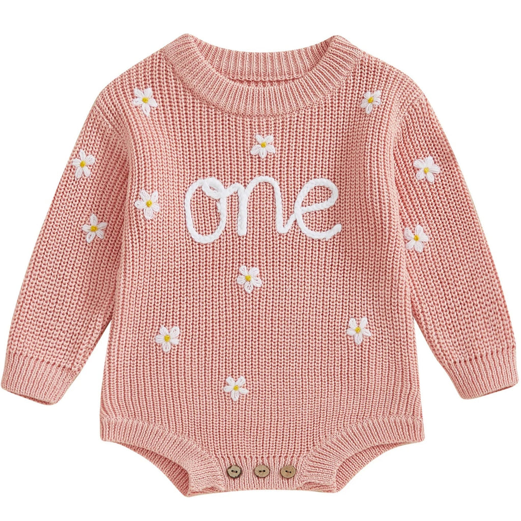 Pink knitted baby girl romper with ONE embroidery – Little Eedie