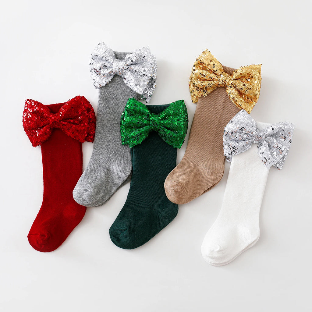 Baby and Toddler Knee High Socks with glitter bows in 5 colours