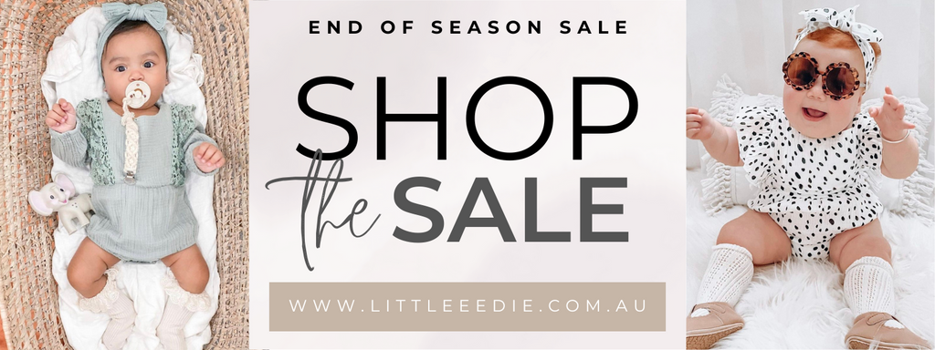 An image with 2 little baby girls wearing little eedie outfits with a sale banner