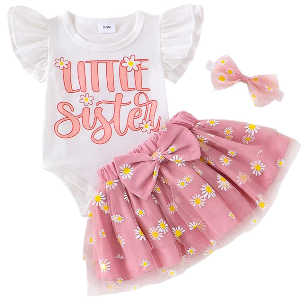 Flat lay of pink baby matching outfit – 3-piece set from Little Eedie