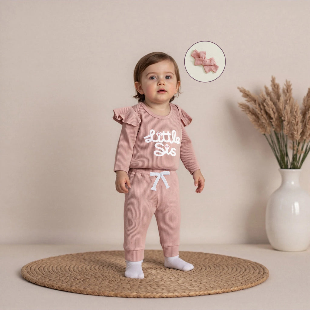 A baby girl wearing a Pink flutter romper with “Little Sister” print
