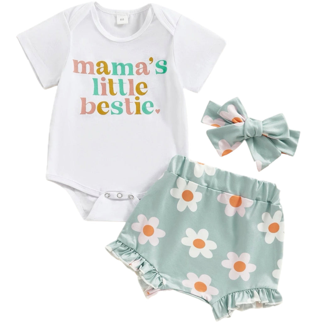 Baby girl outfit in white romper with “Mama’s Little Bestie” print and green floral frilly bloomers – cotton summer outfit from Little Eedie