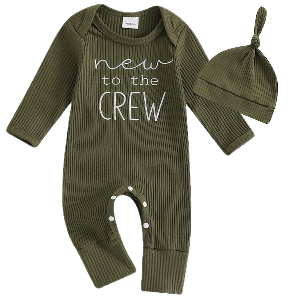 Baby in green long sleeve ribbed romper with “New to the Crew” print and matching beanie – Little Eedie