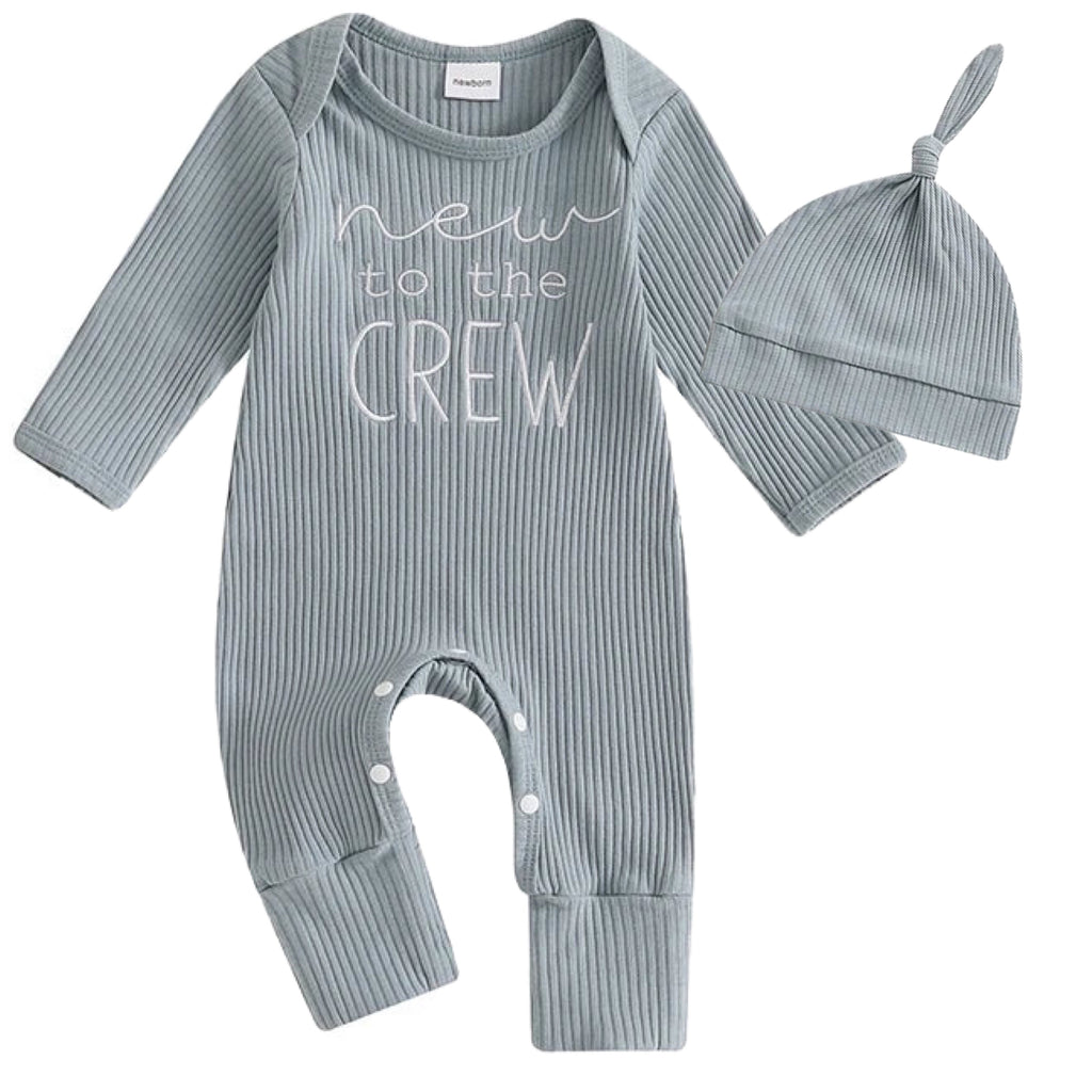 Grey baby romper with chest text and matching beanie – New to the Crew outfit by Little Eedie