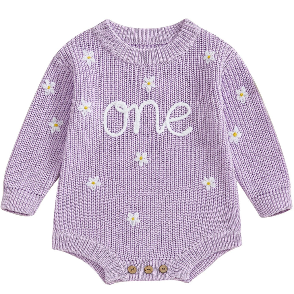 Purple baby girl romper with ONE embroidery