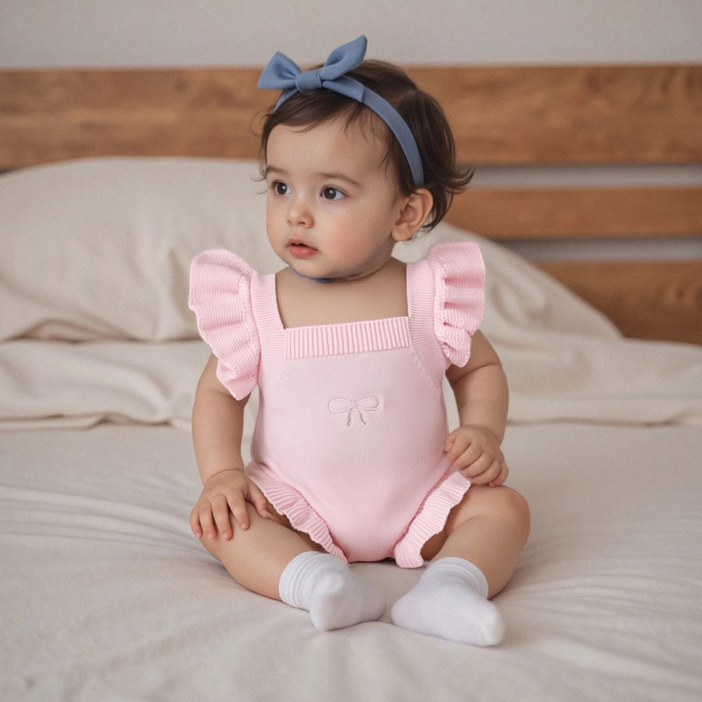 A baby girl wearing a pink knit romper by little eedie australia