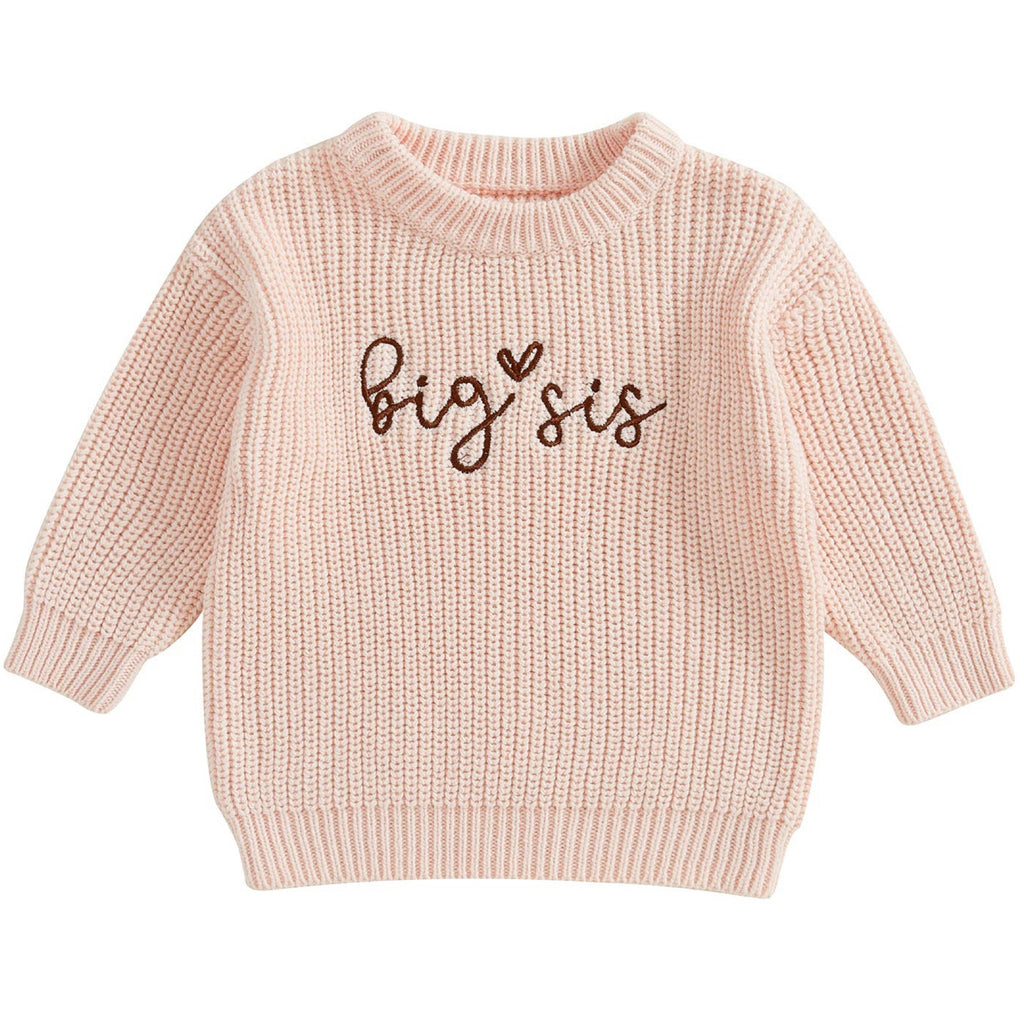 Front view of baby girl wearing pink Big Sister chunky knit jumper – Little Eedie