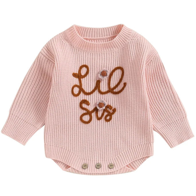 Pink baby girl knit romper with Lil Sis embroidery