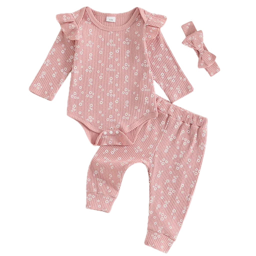Pink floral baby girl romper with matching leggings