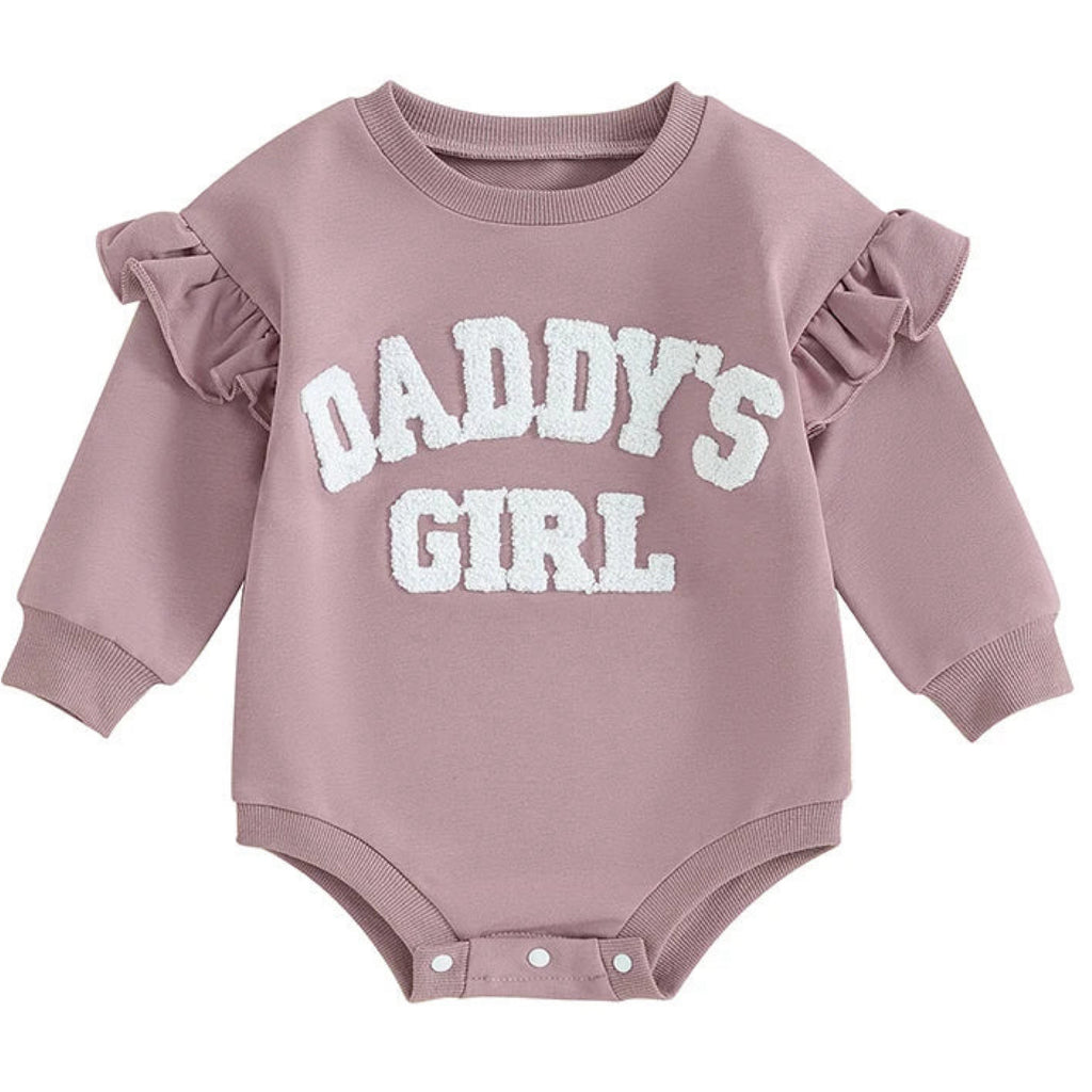 Purple long sleeve romper with ruffles and Daddy’s Girl across the front – baby girl outfit