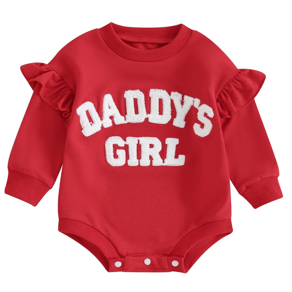 Red long sleeve romper with frill shoulders and Daddy’s Girl text – stylish baby outfit