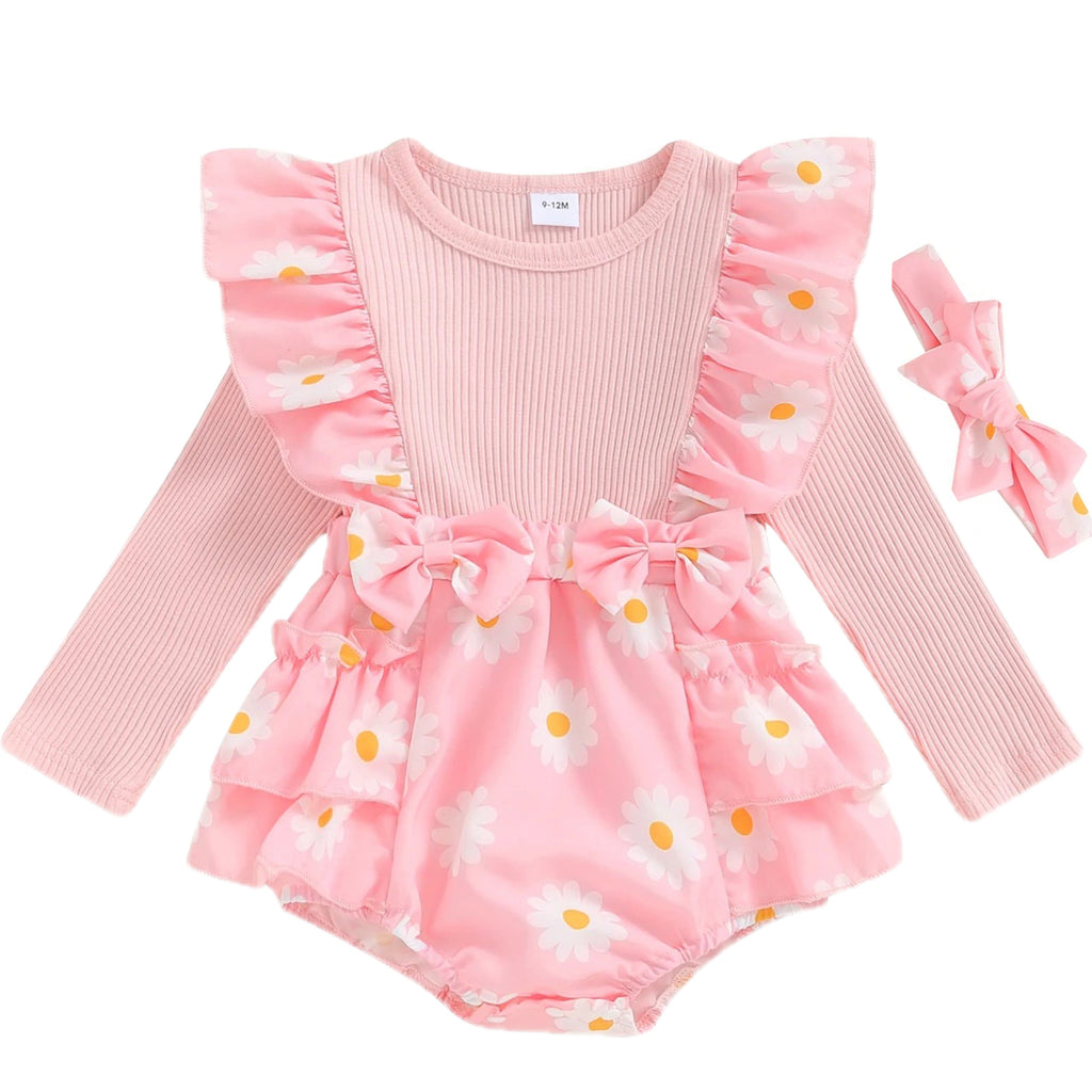 Pink daisy baby outfit with ruffle bottom and tie headband