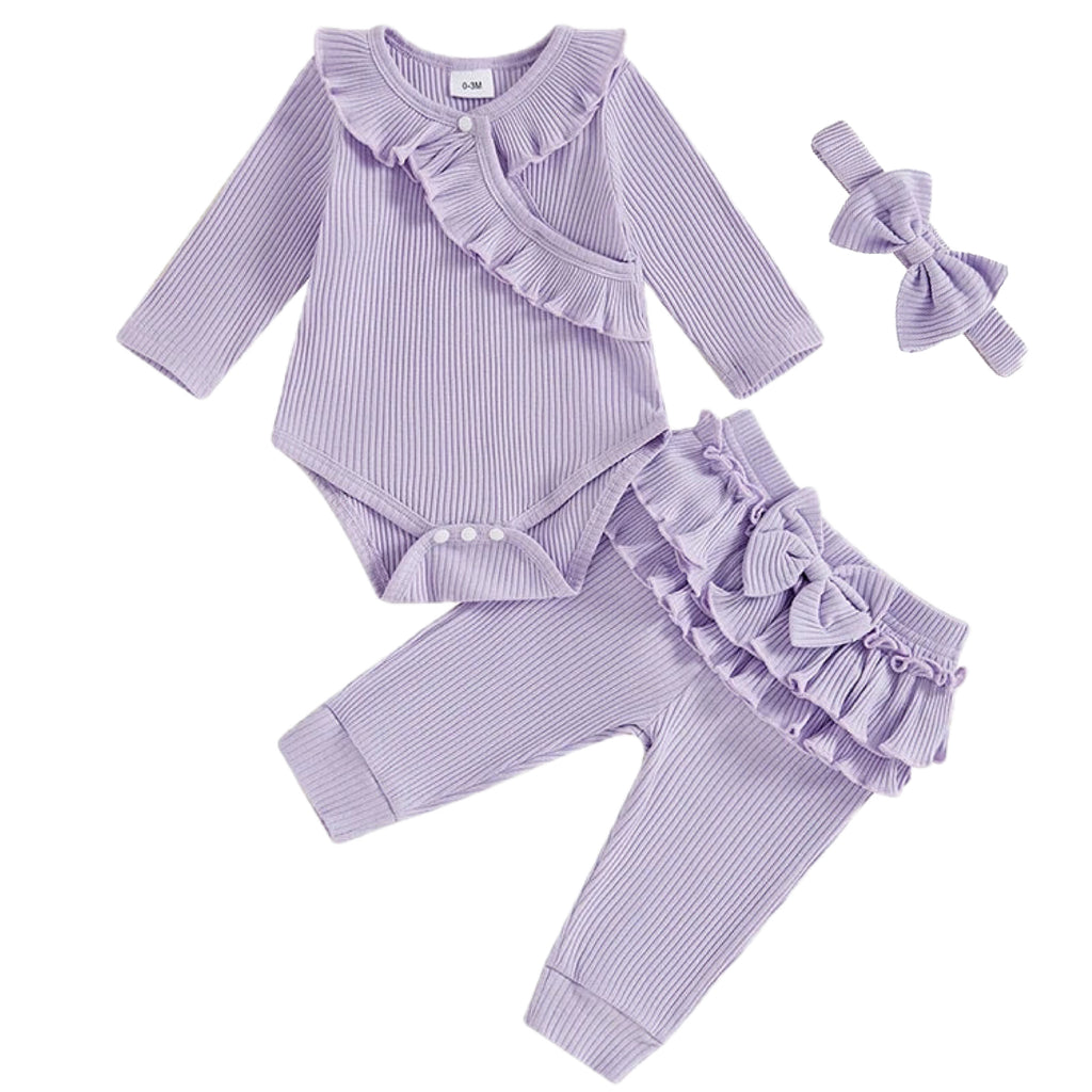 Baby girl tracksuit in purple ribbed long sleeve romper with matching headband – Little Eedie outfit set

