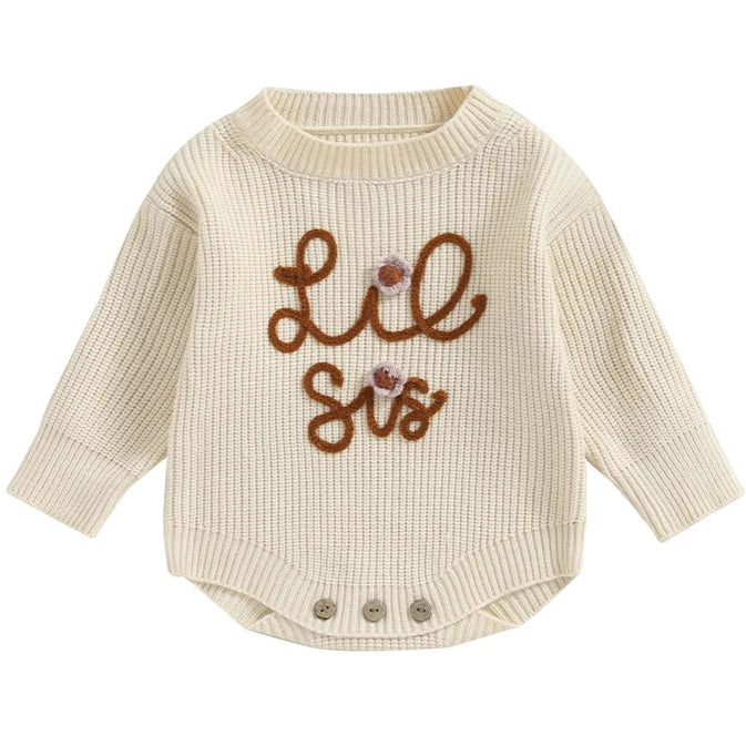 Cream Lil Sis baby girl romper with embroidery