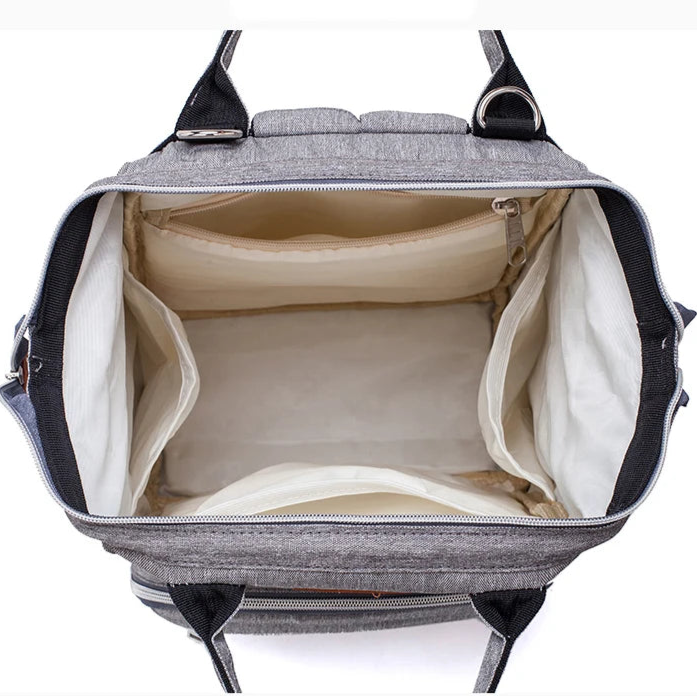 Stylish black baby bag with bottle holders and waterproof pocket