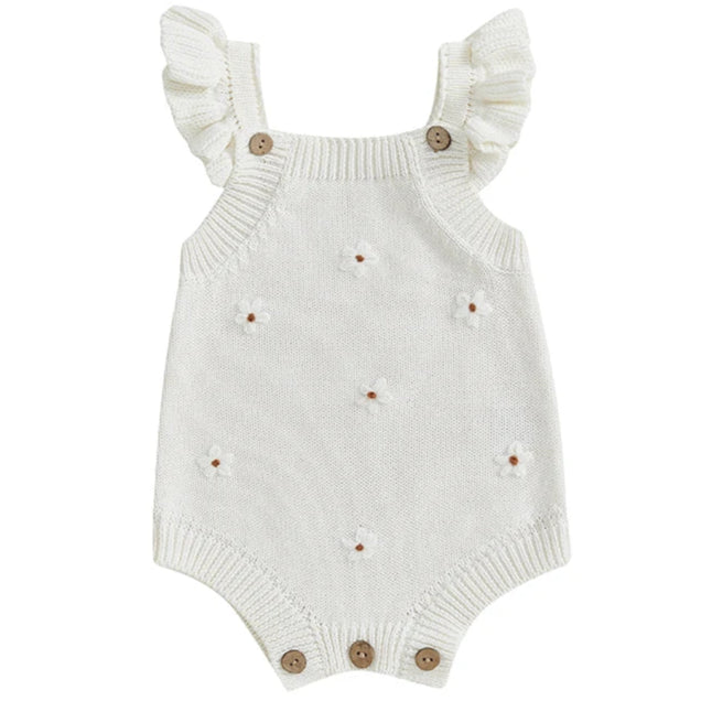 White baby girl knit romper – soft flutter sleeve outfit