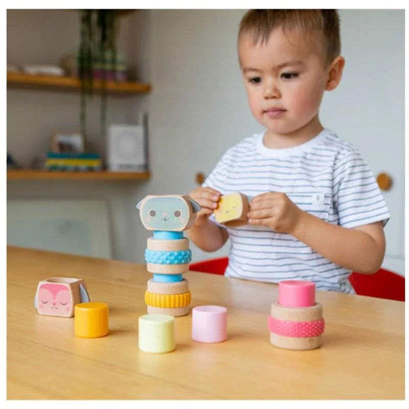 Wooden baby stacking toy with textured silicone rings – 6m+