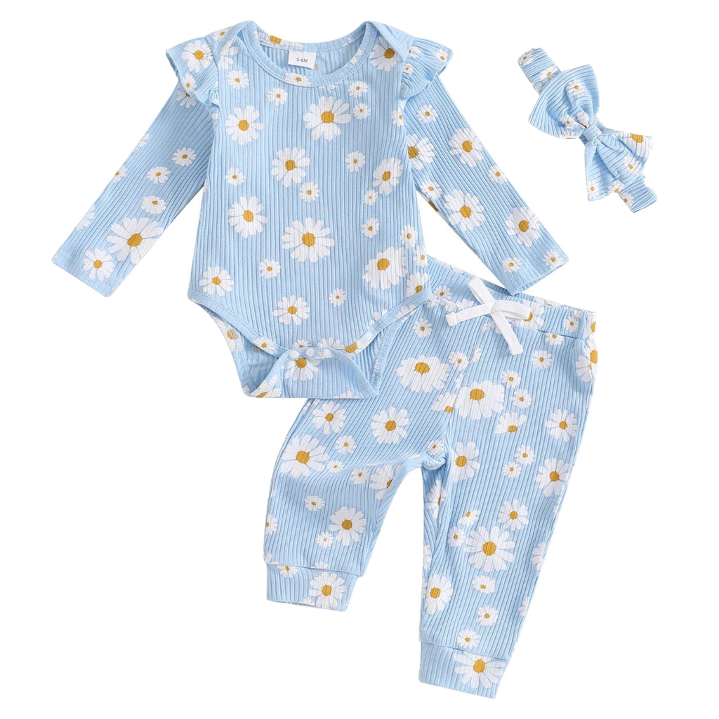 Blue babywear set with daisy romper, ribbed leggings, and soft cotton bow – Little Eedie baby clothing