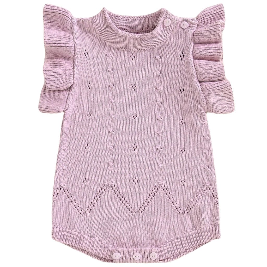 Purple knit romper with flutter sleeves for baby girls
