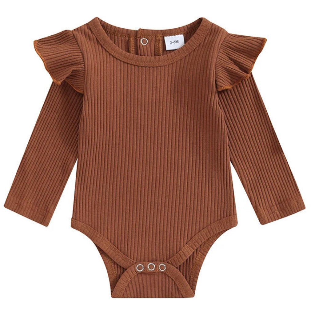 auburn baby girl romper with flutter sleeves – comfortable ribbed romper for summer or layering little eedie