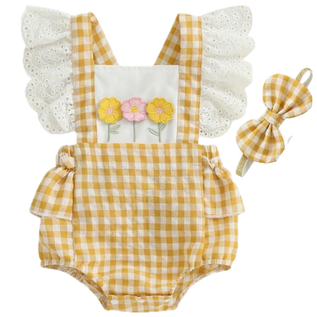Baby girl romper with yellow gingham and floral detail