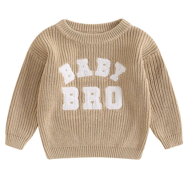 Beige knitted baby sweater outfit idea for boys