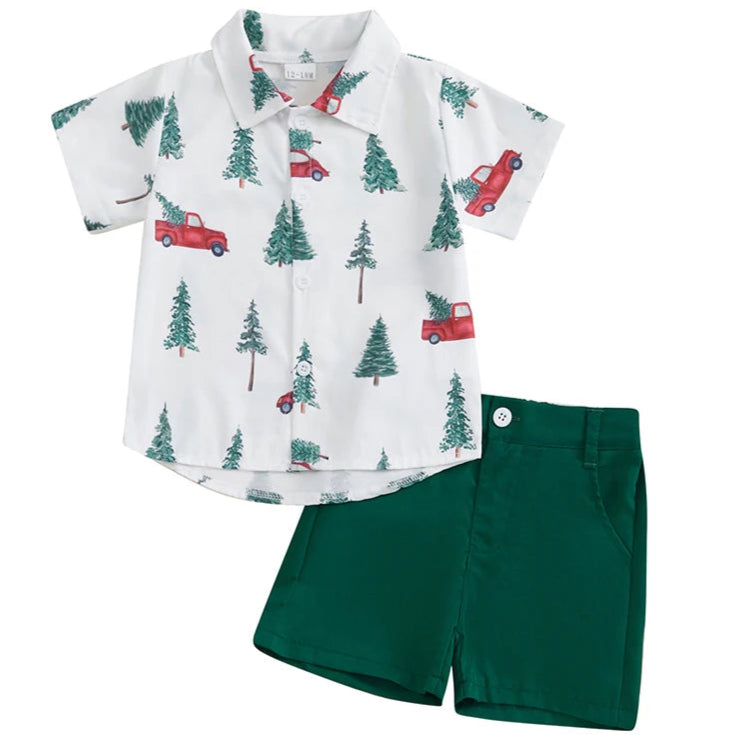 Baby boy Christmas shirt with tree and car print